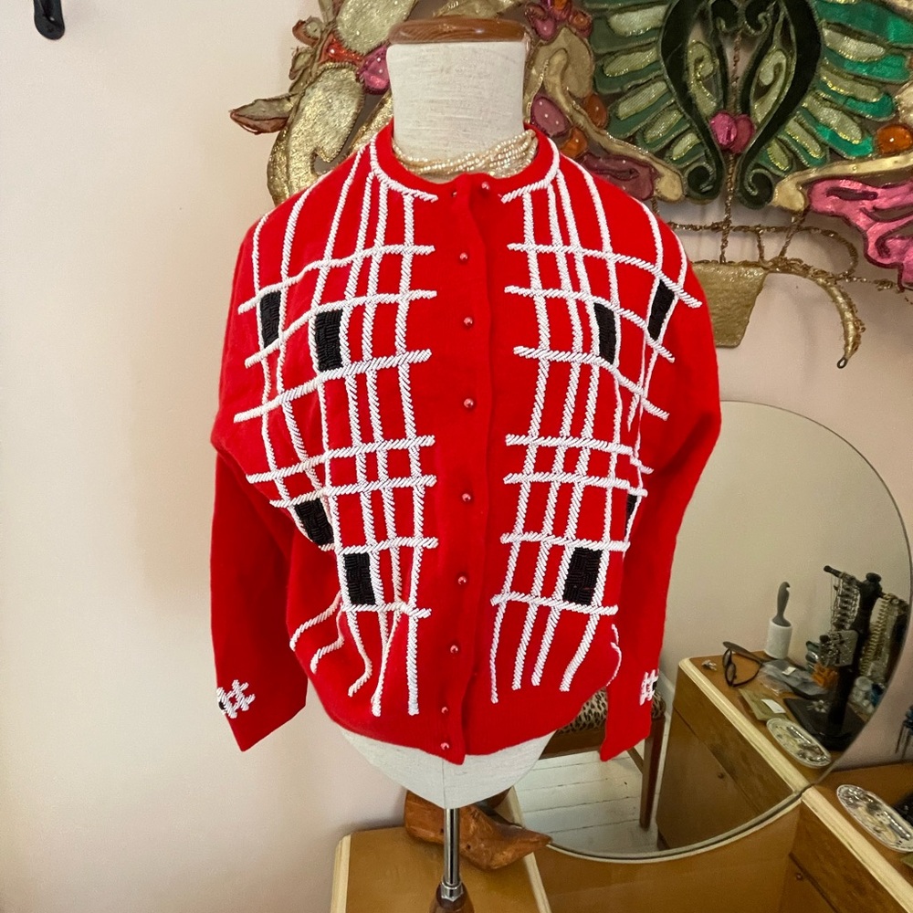 Vintage Red and Black Beaded Women's Sweater Silk Lined Angora Cardigan